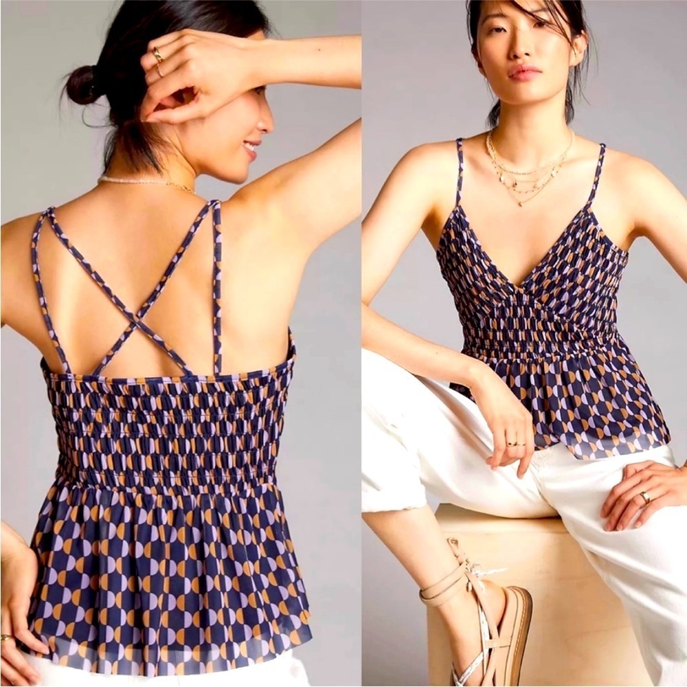 Anthropologie Empire Waist Mesh Crossover Smocked Ruffled V-Neck Tank M NWT